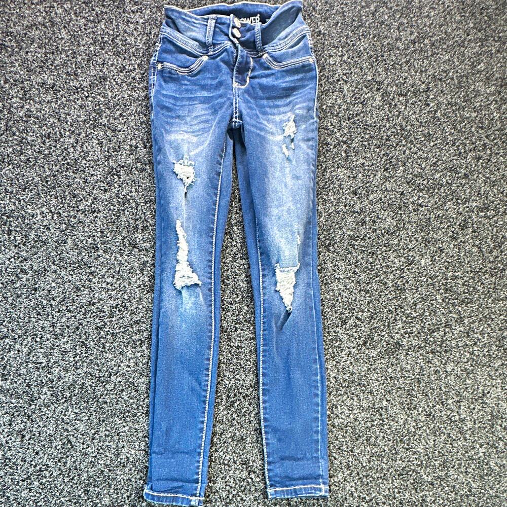 WallFlower Women’s Medium Wash Blue High Rise Skinny Stretch Distressed Jeans 0